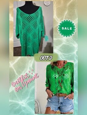 Bright Green Crochet Knit Tunic Sweater Plus Size